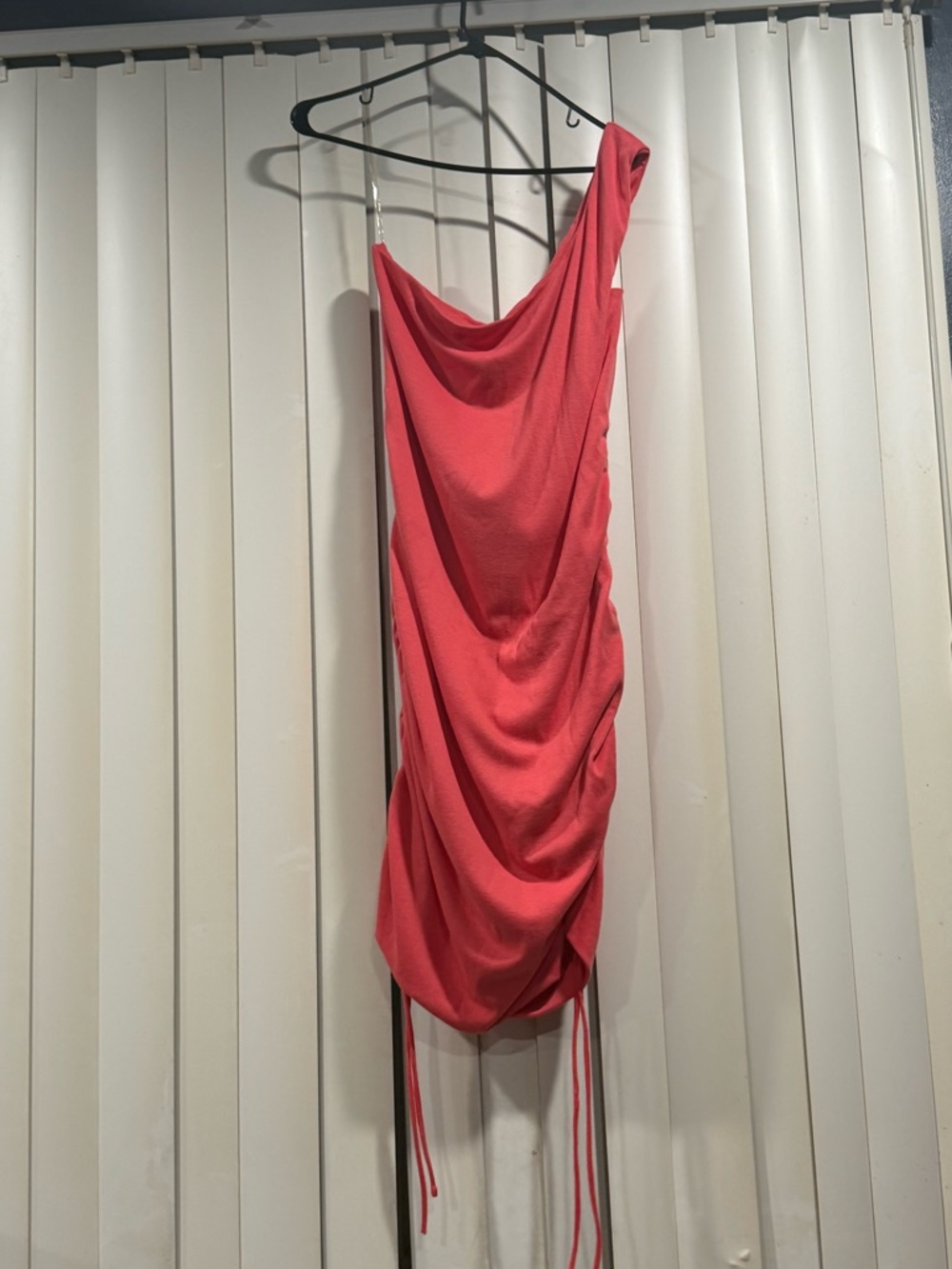 One-Shoulder Drape Mini Dress in Coral Pink